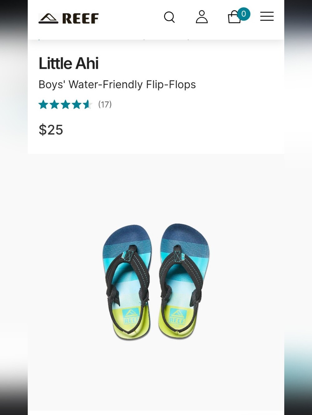 Reef Little Ahi Boys' Water-Friendly Flip-Flops in Aqua/Green Black Sz 3/4